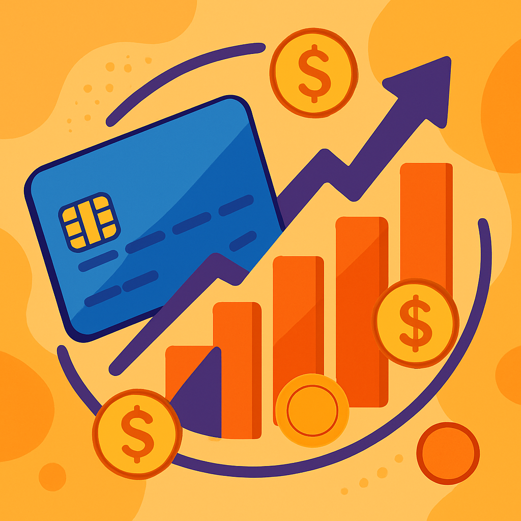 Illustration of a credit card with rising bars and coins illustrating increasing costs