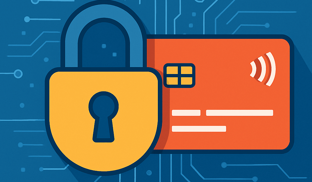 Illustration of secure credit card transaction with padlock and circuit lines