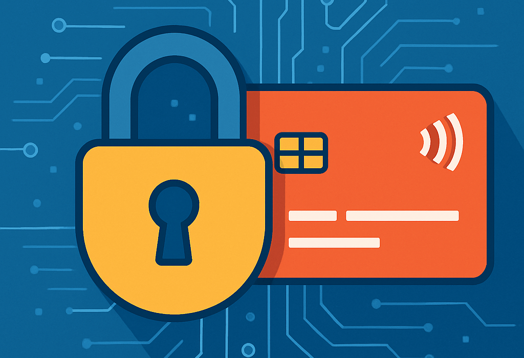 Illustration of secure credit card transaction with padlock and circuit lines