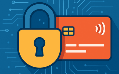 Illustration of secure credit card transaction with padlock and circuit lines